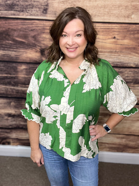 Floral Scallop Trim Blouse, Green