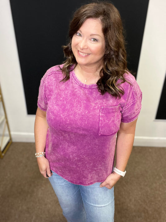 Acid Washed Round Neck Tee, Plum