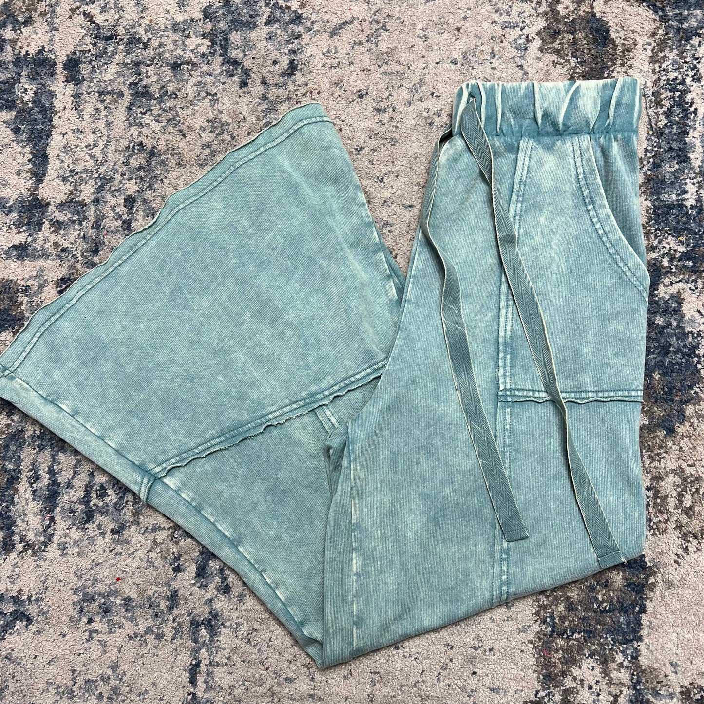 Exposed Seam Flare Hem Pants with Pockets, Ash Blue