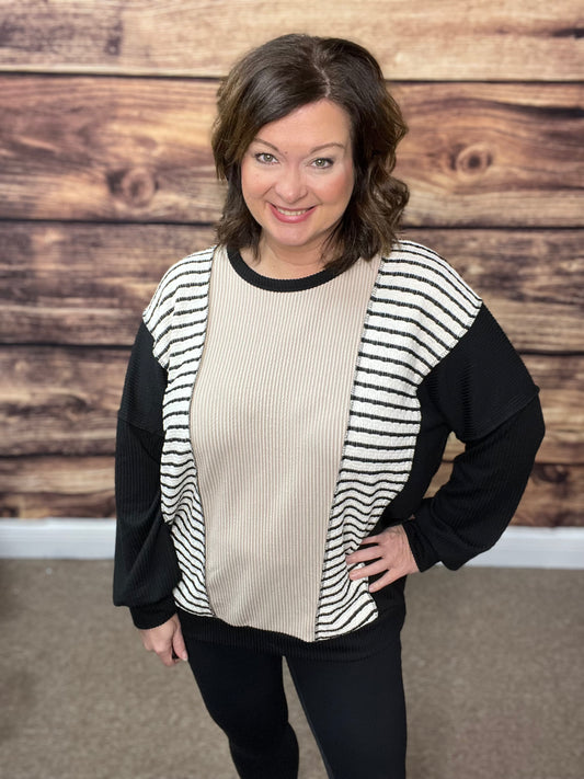 Ribbed Striped Detail Top, Black