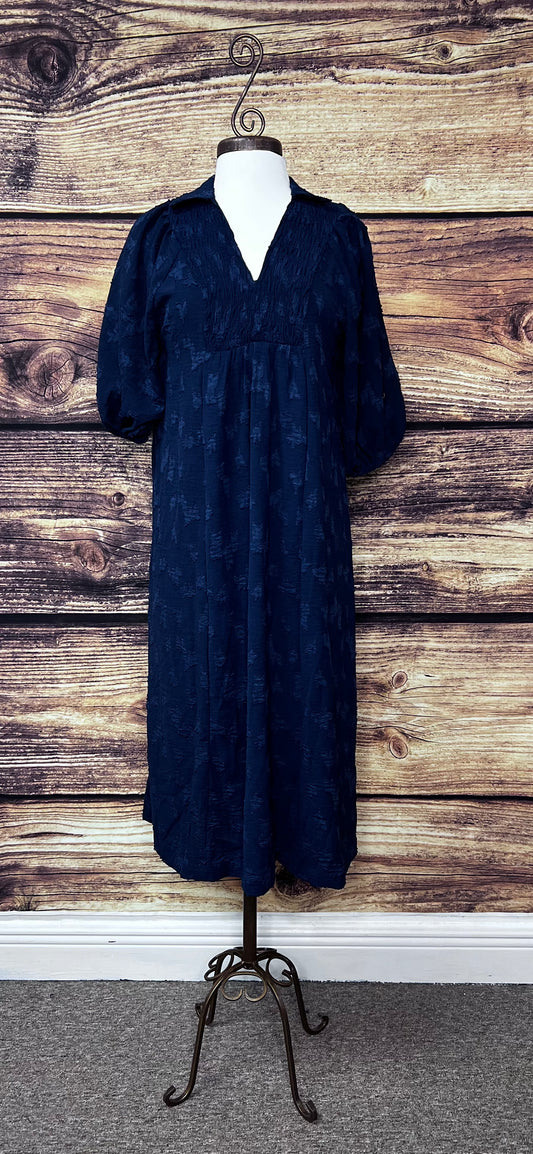 Jacquard V-neck smocked midi dress, Navy