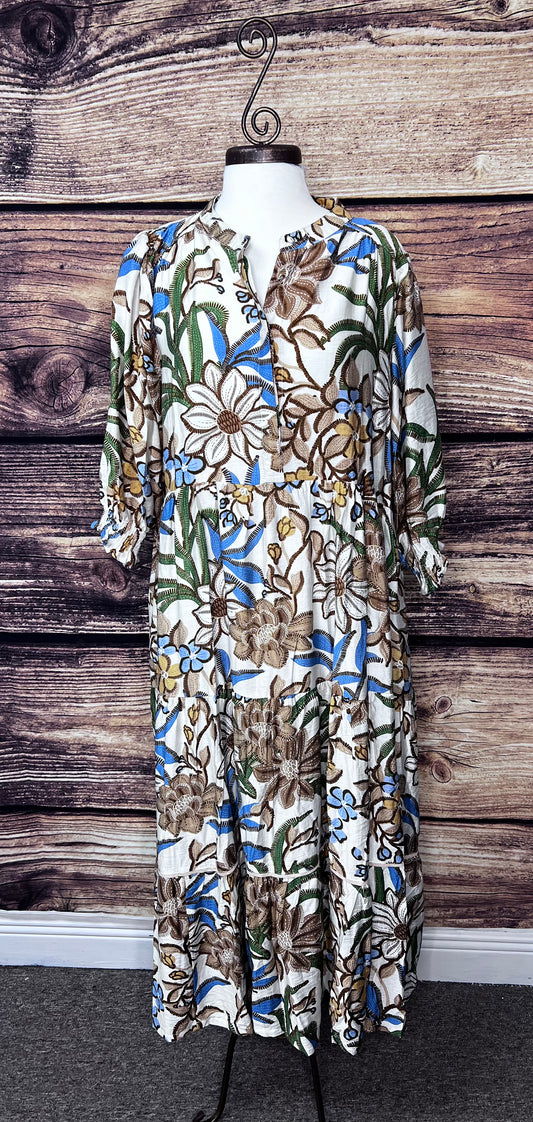 Floral Tiered Midi Dress, Latte