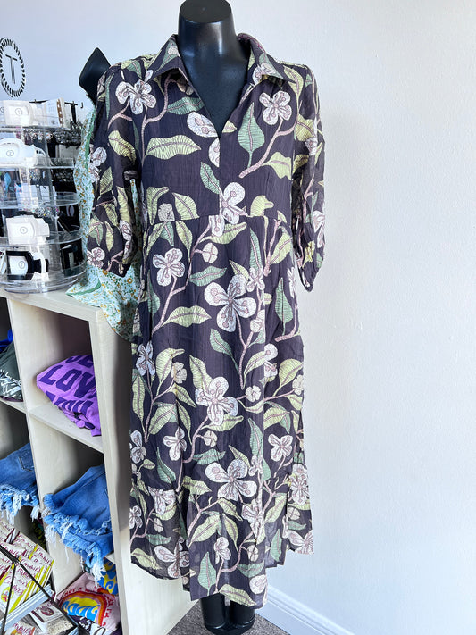 Mix Floral Tiered Midi Dress, Brown