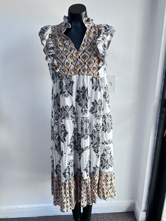 Ruffle Sleeve Mixed Print Midi Dress, Black