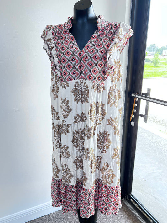 Ruffle Sleeve Mixed Print Midi Dress, Latte