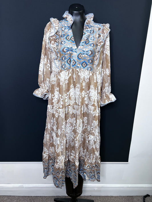 Damask ruffle sleeve midi dress, taupe