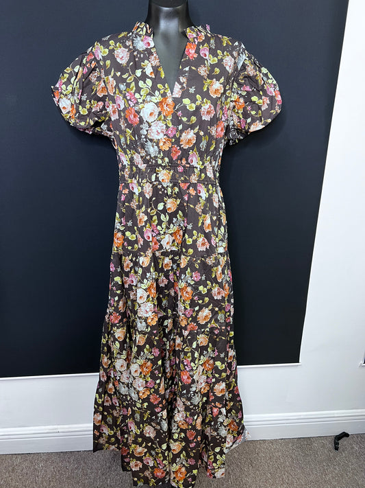 Floral Bubble Sleeve Midi Dress, Chocolate