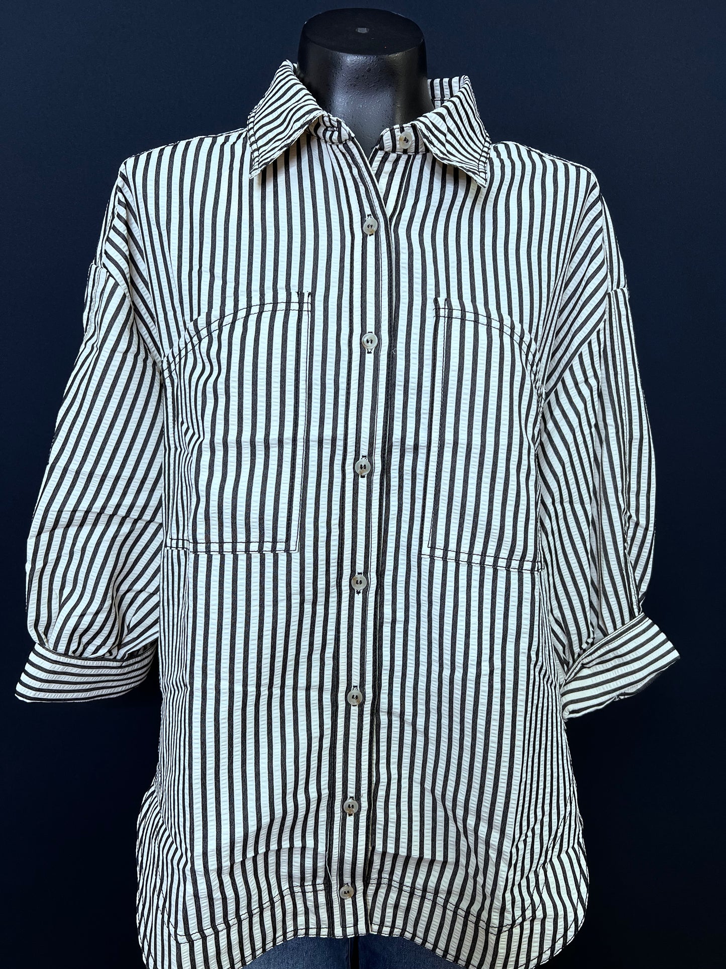 Textured Stripe Button Top, Black