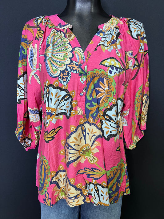 Boho Paisley Puff Sleeve Blouse, Pink