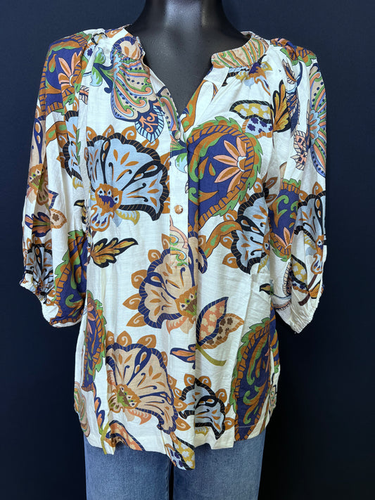 Boho Paisley Puff Sleeve Blouse, Cream