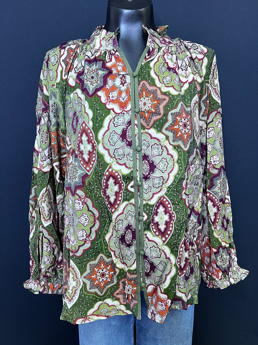 Boho Mosaic Print Button Down Blouse, Olive