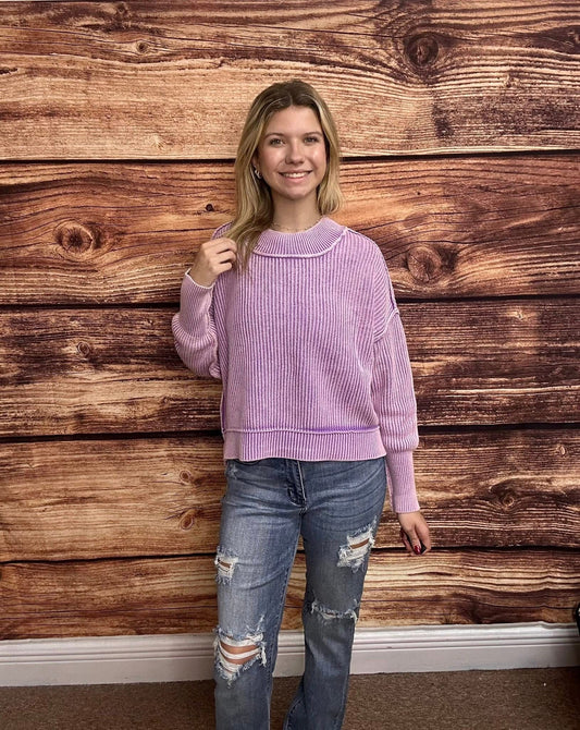 Washed Side Slit Oversized Cropped Sweater,Lavender