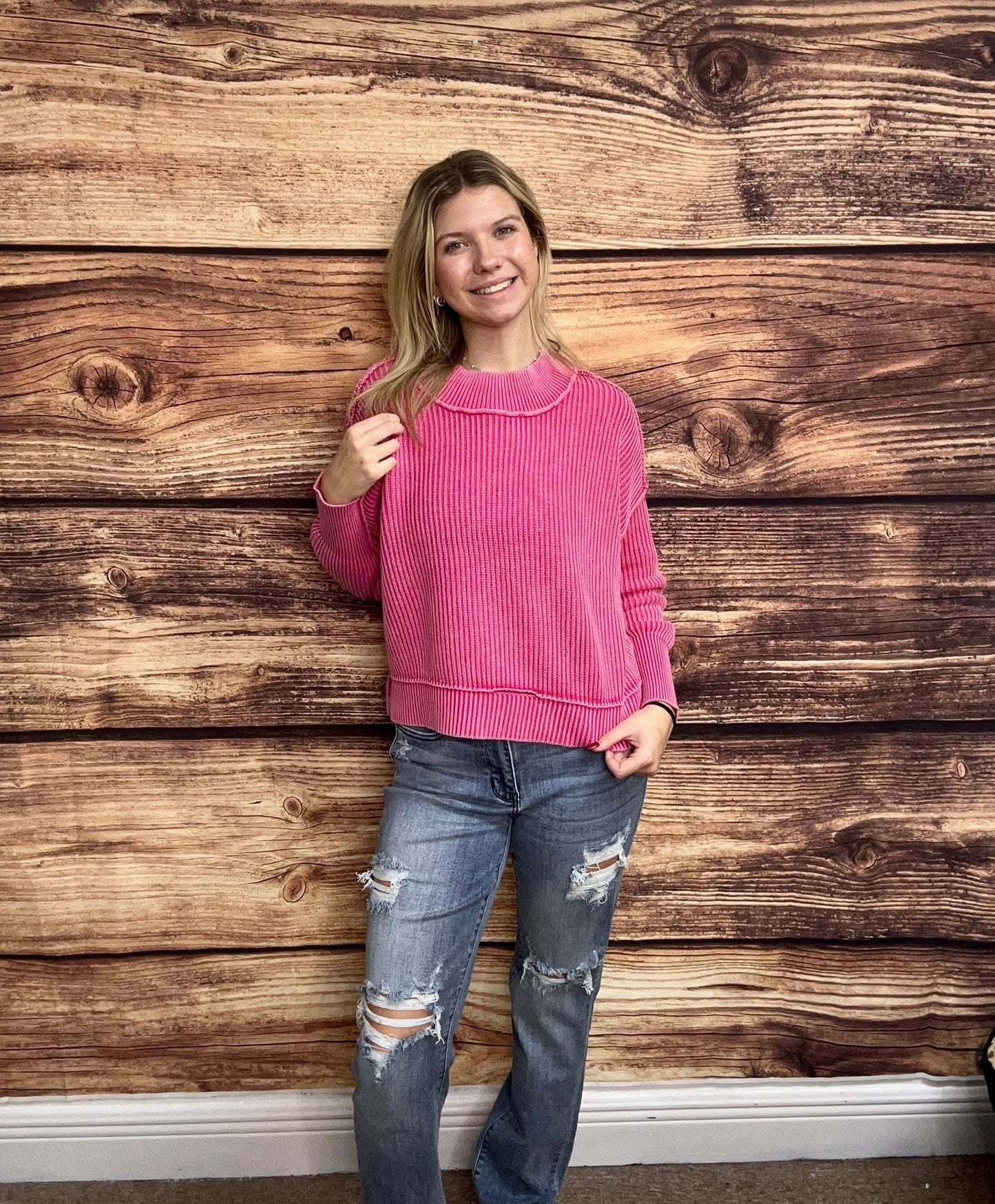 Washed Side Slit Oversized Cropped Sweater, Hot Pink