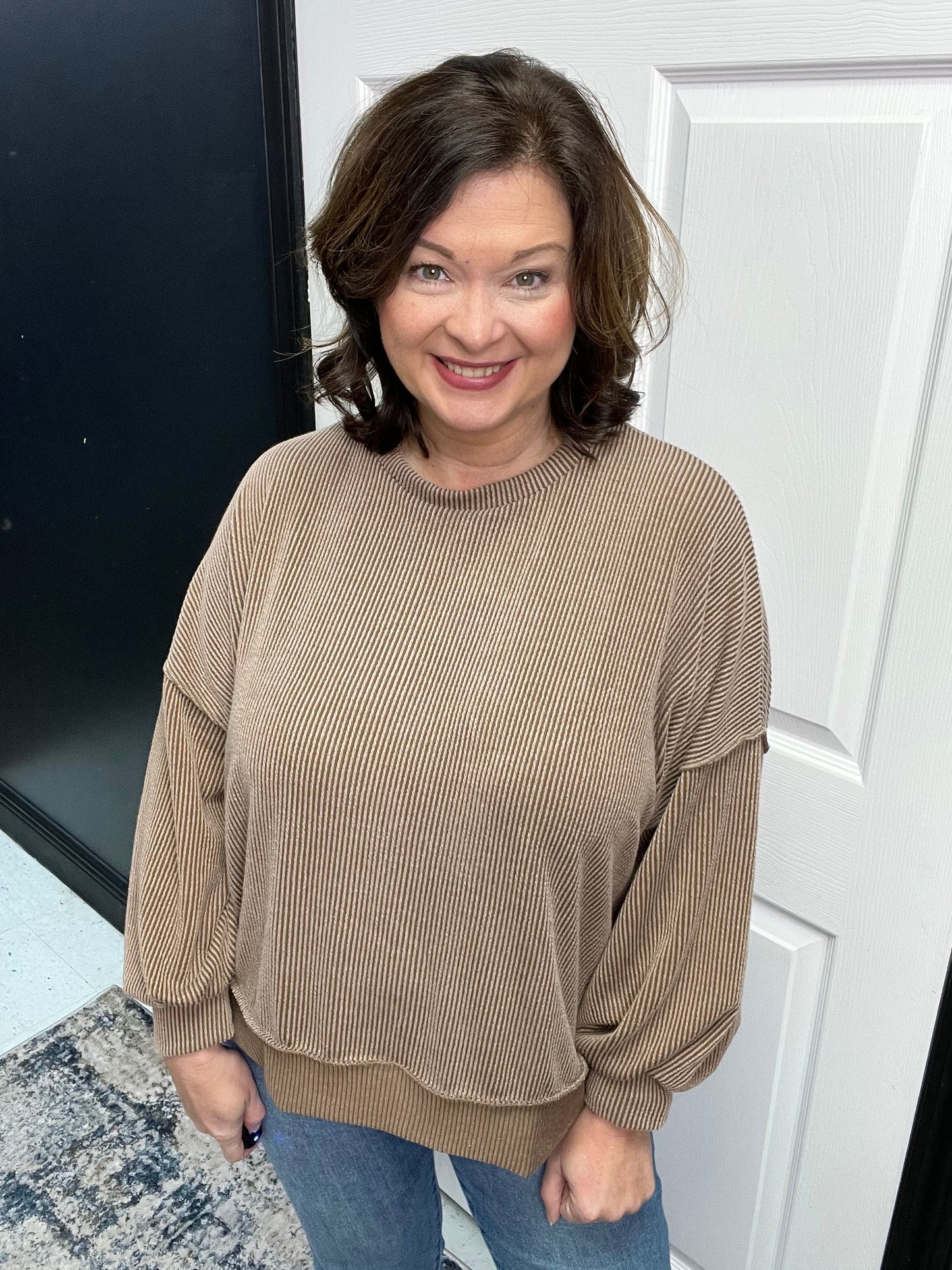 Cozy Wavy Rib Drop Shoulder Knit Top