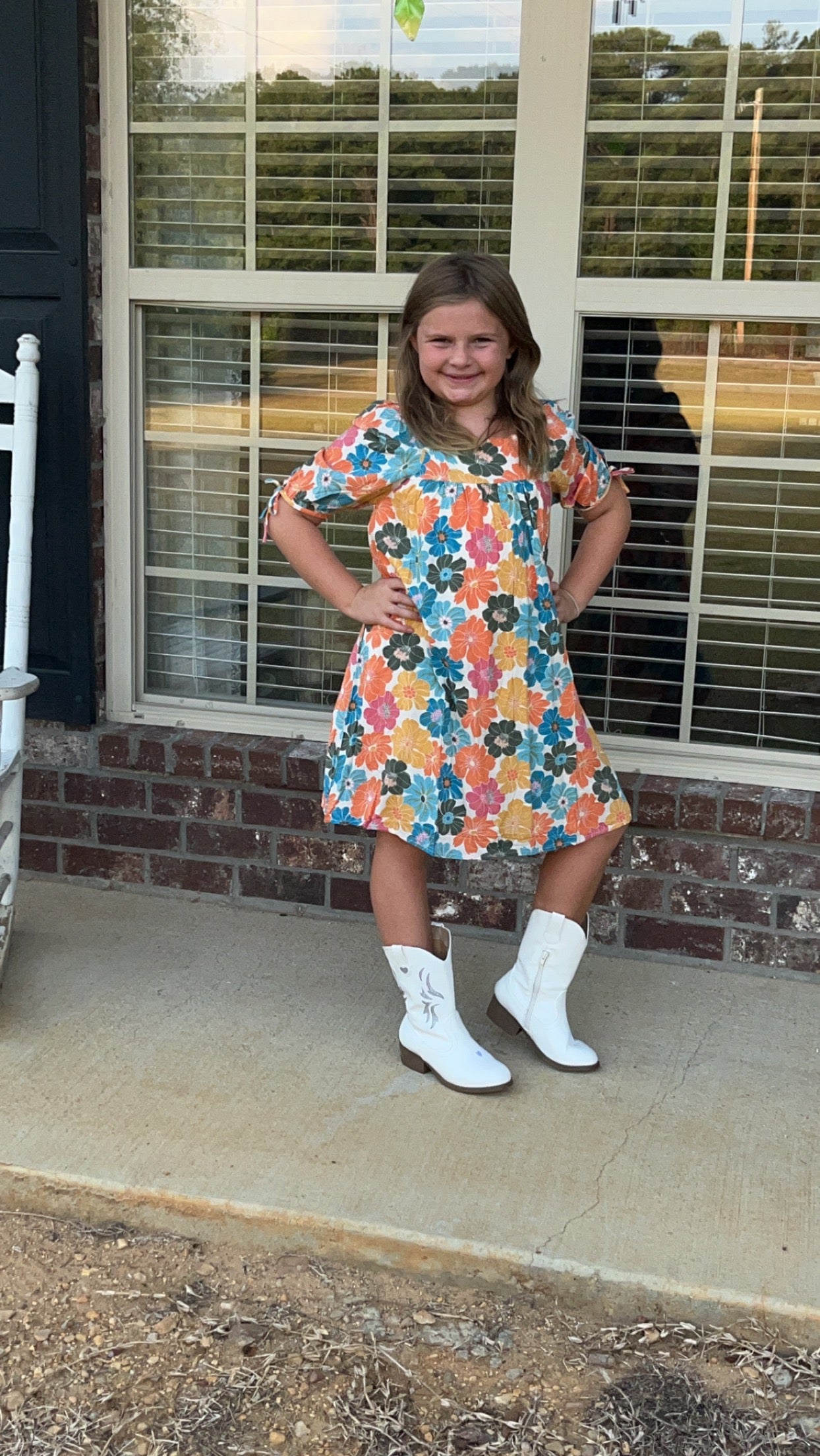 Girls Earthy Floral Square Neck Tie Sleeve Dress