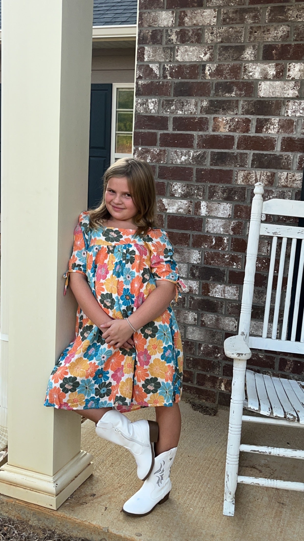 Girls Earthy Floral Square Neck Tie Sleeve Dress