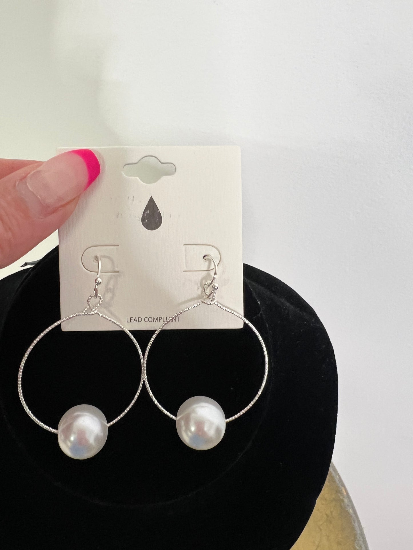 Round Pearl Dangle Fish Hook Earrings Silver