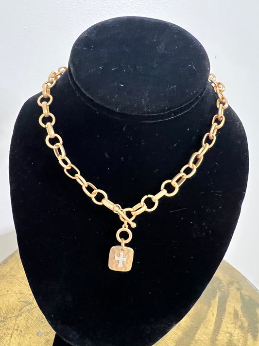 Two Tone Cross Shield Pendant Necklace