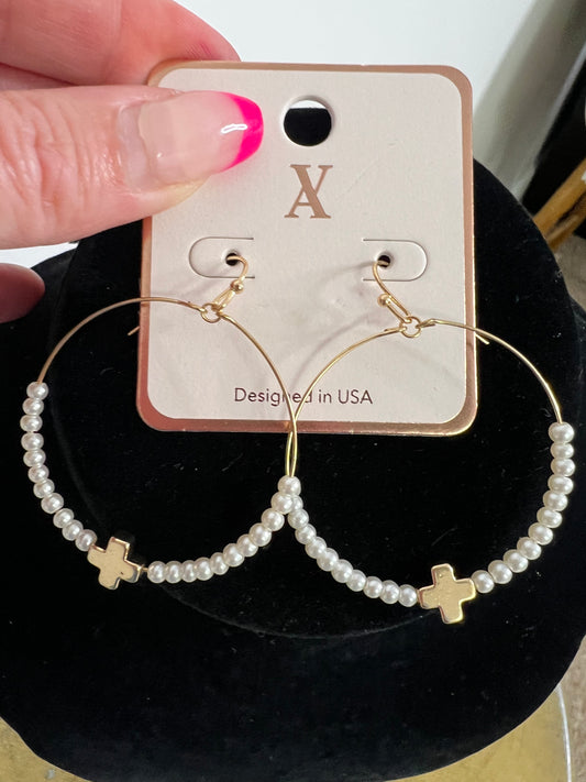 Circle Pearl Earring with Metal Cross