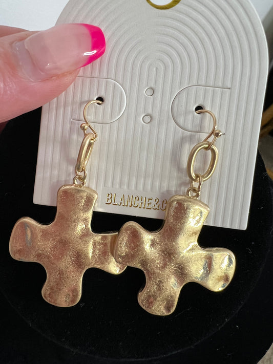 Hammered Chunky Cross Dangle Earrings