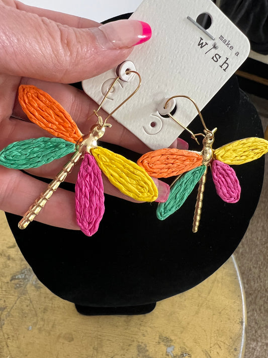 Raffia Dragonfly Fishhook Earrings