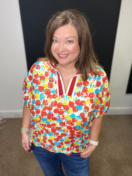 Abstract Print Blouse, Red