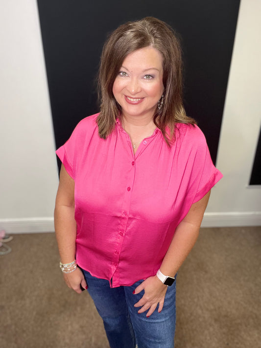 Solid Collared Button Up Top, Hot Pink