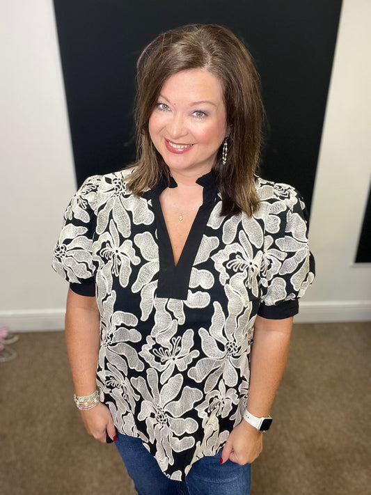 Floral Embroidered Blouse, Black