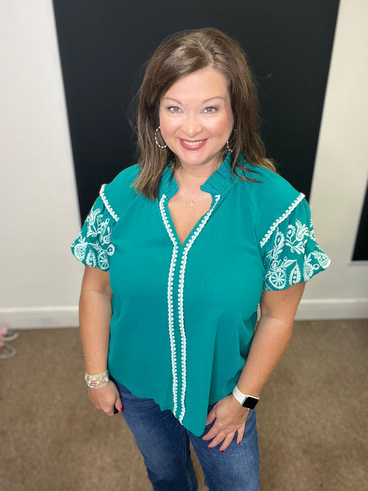 Embroidered Puff Sleeve Blouse, Jade