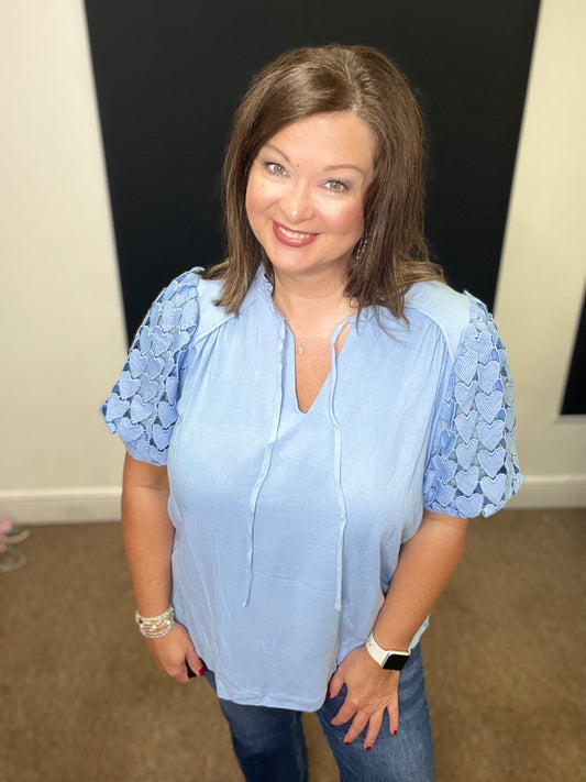 Linen Crochet Heart Sleeve Top, Blue