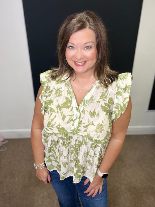 Ruffled Floral Top, Green