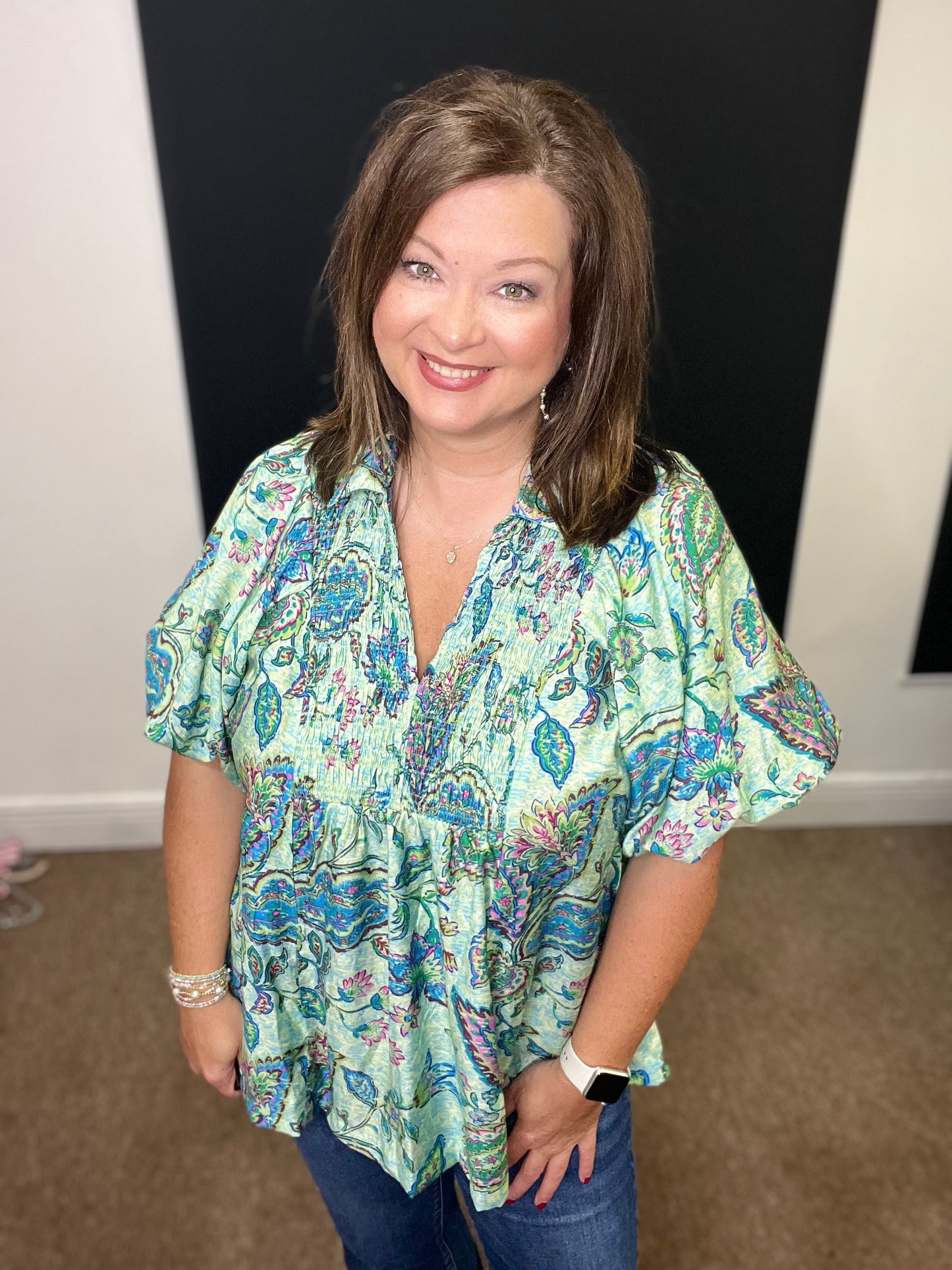 Mint Paisley Print V-Neck Top