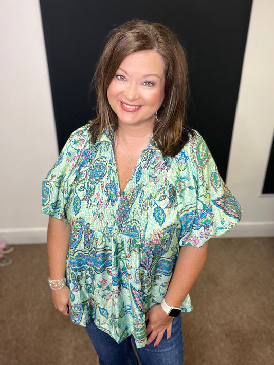 Mint Paisley Print V-Neck Top