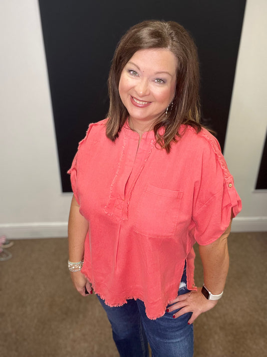 Washed Linen Top, Coral