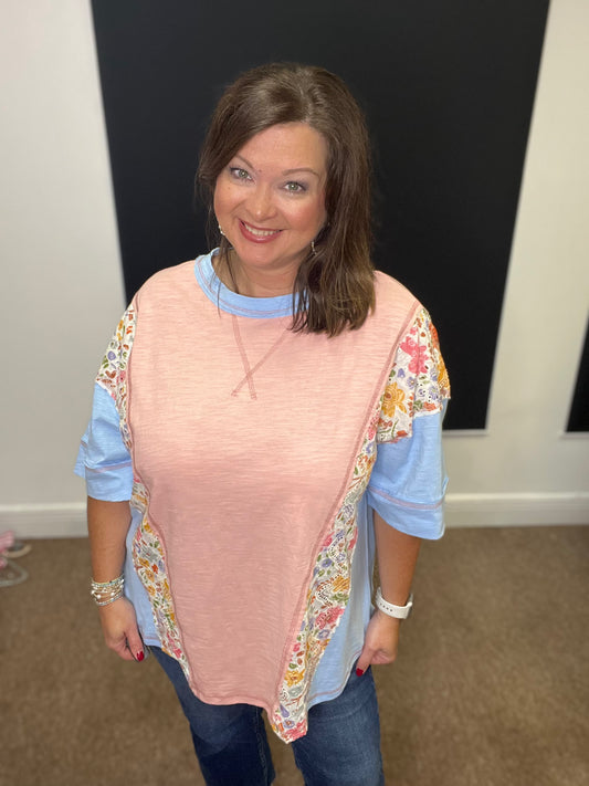 Washed Floral Patchwork Oversized Tee, Pink