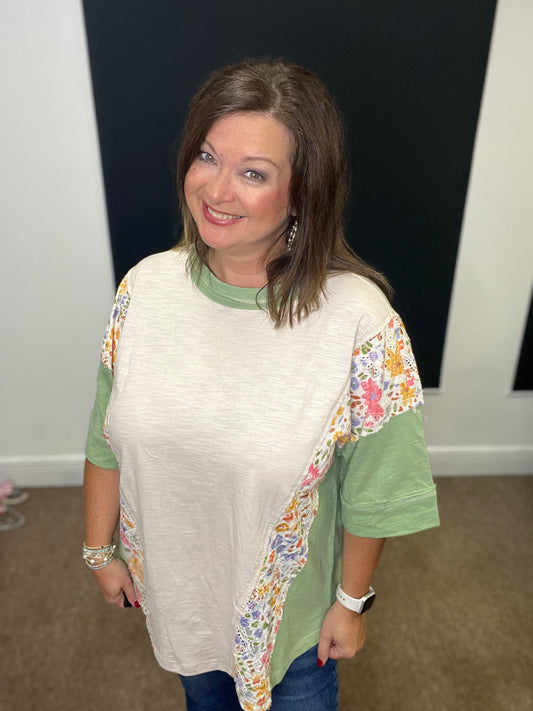 Washed Floral Patchwork Oversized Tee, Stone