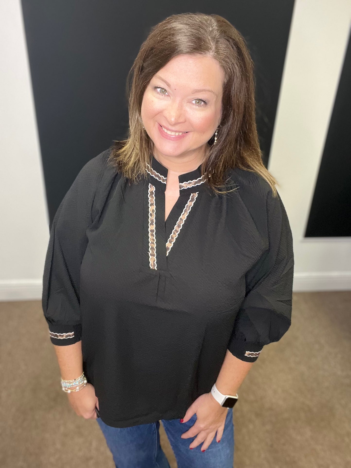 Puff Sleeves V-Neck Collared Top, Black