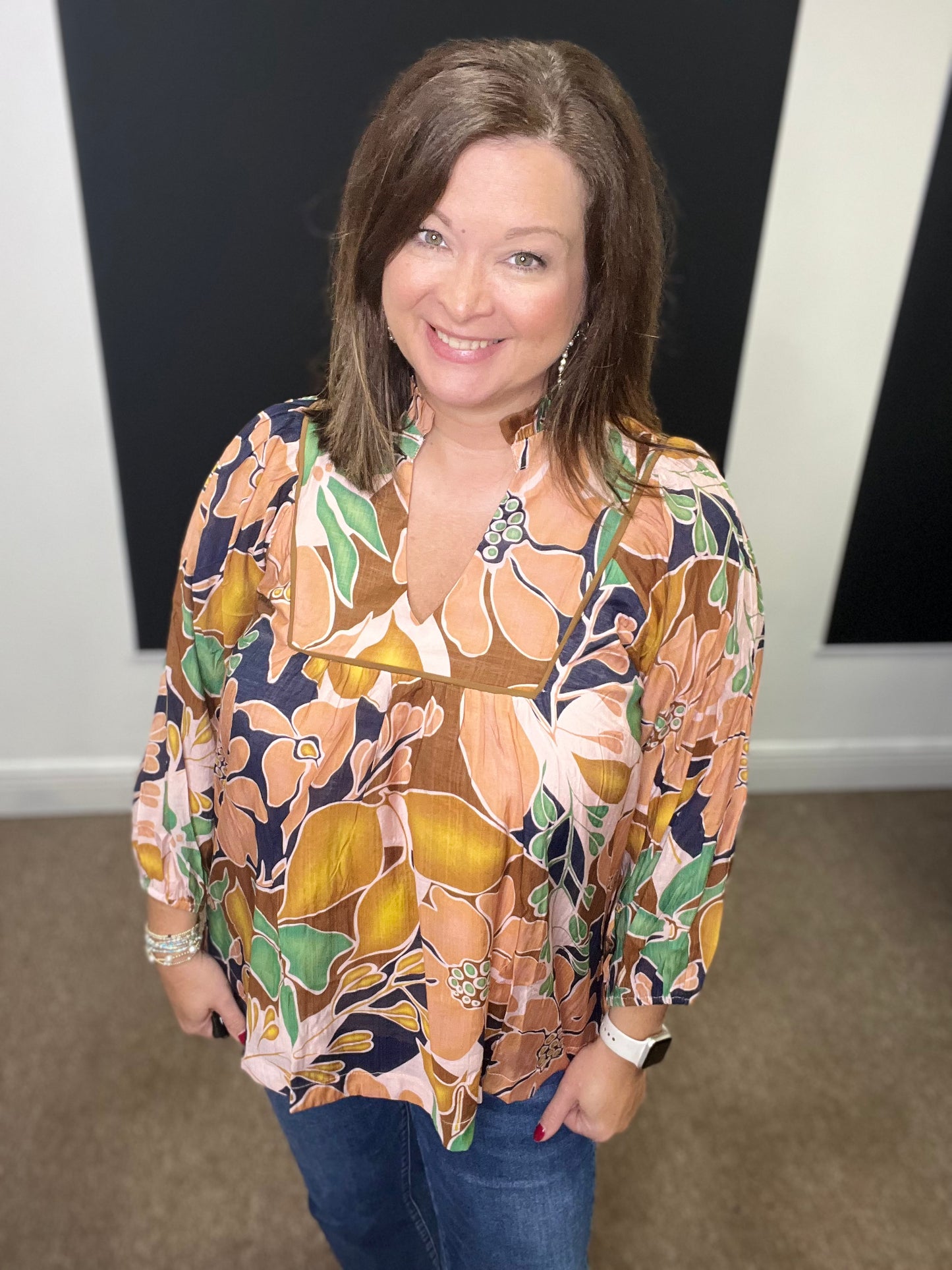 Abstract Floral Print Blouse with Ruffle Neck, Green