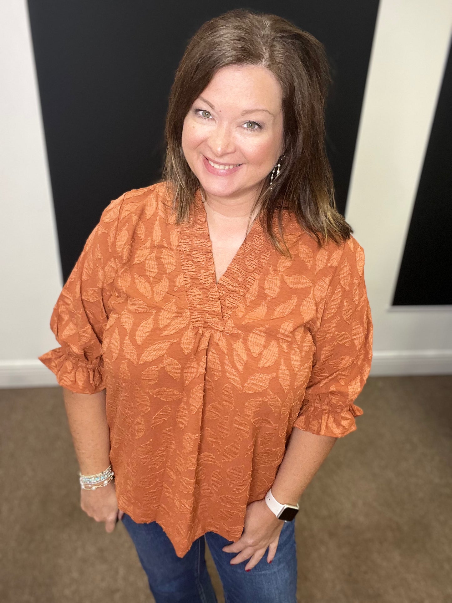 Floral Jacquard V-Neck Top, Rust