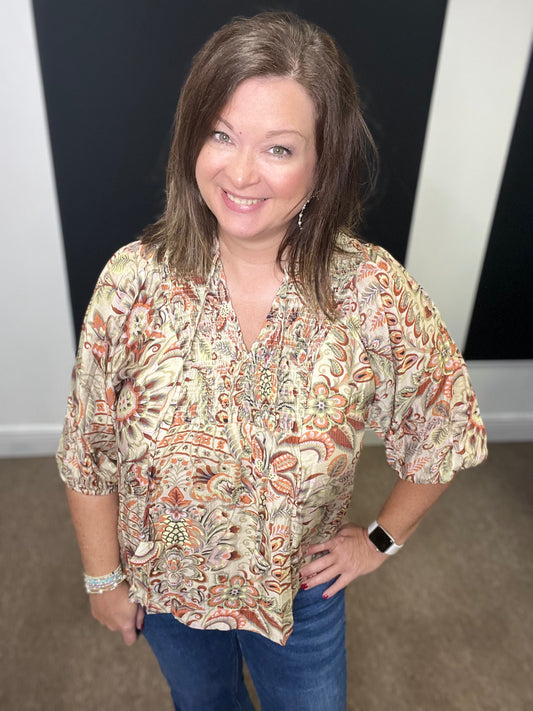 Floral Paisley Boho Top, Brown