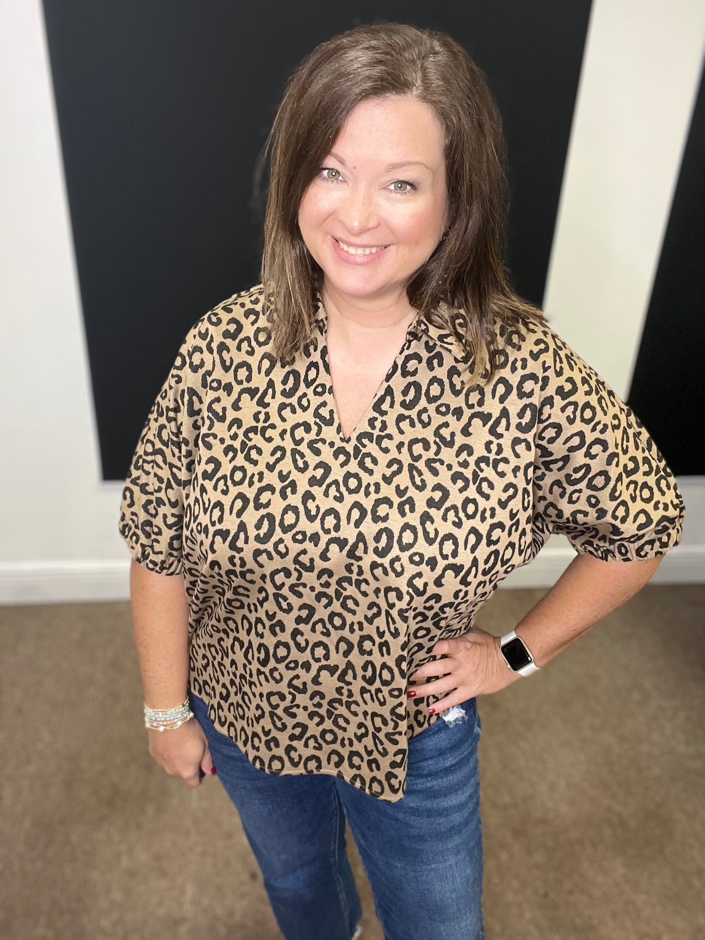 Leopard Top with Collar, Toffee