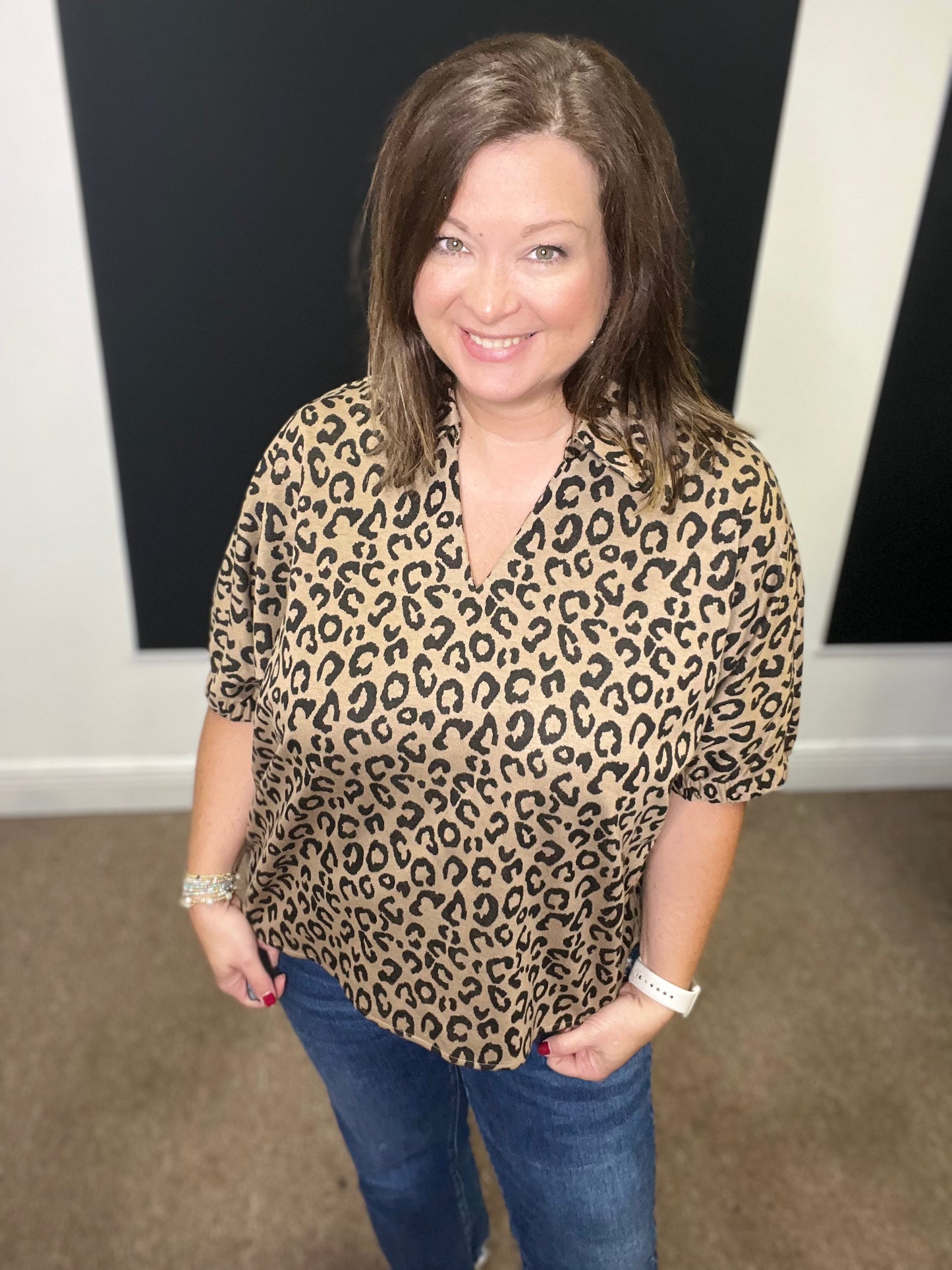 Leopard Top with Collar, Toffee