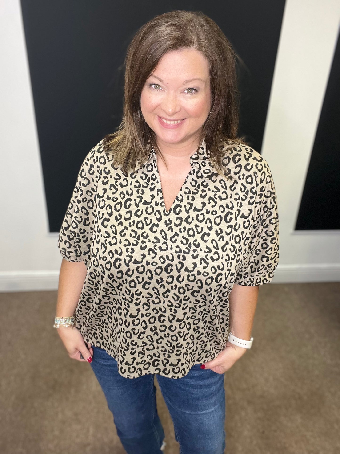 Leopard Top with Collar, Oatmeal