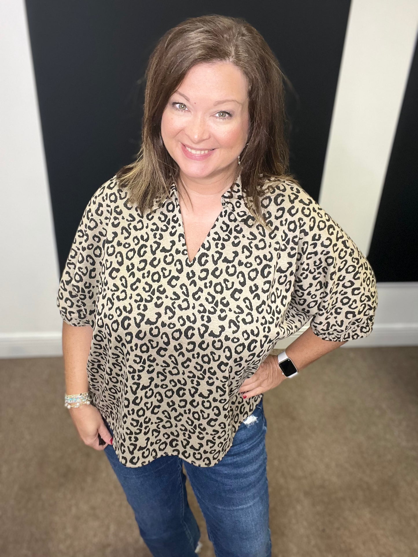 Leopard Top with Collar, Oatmeal