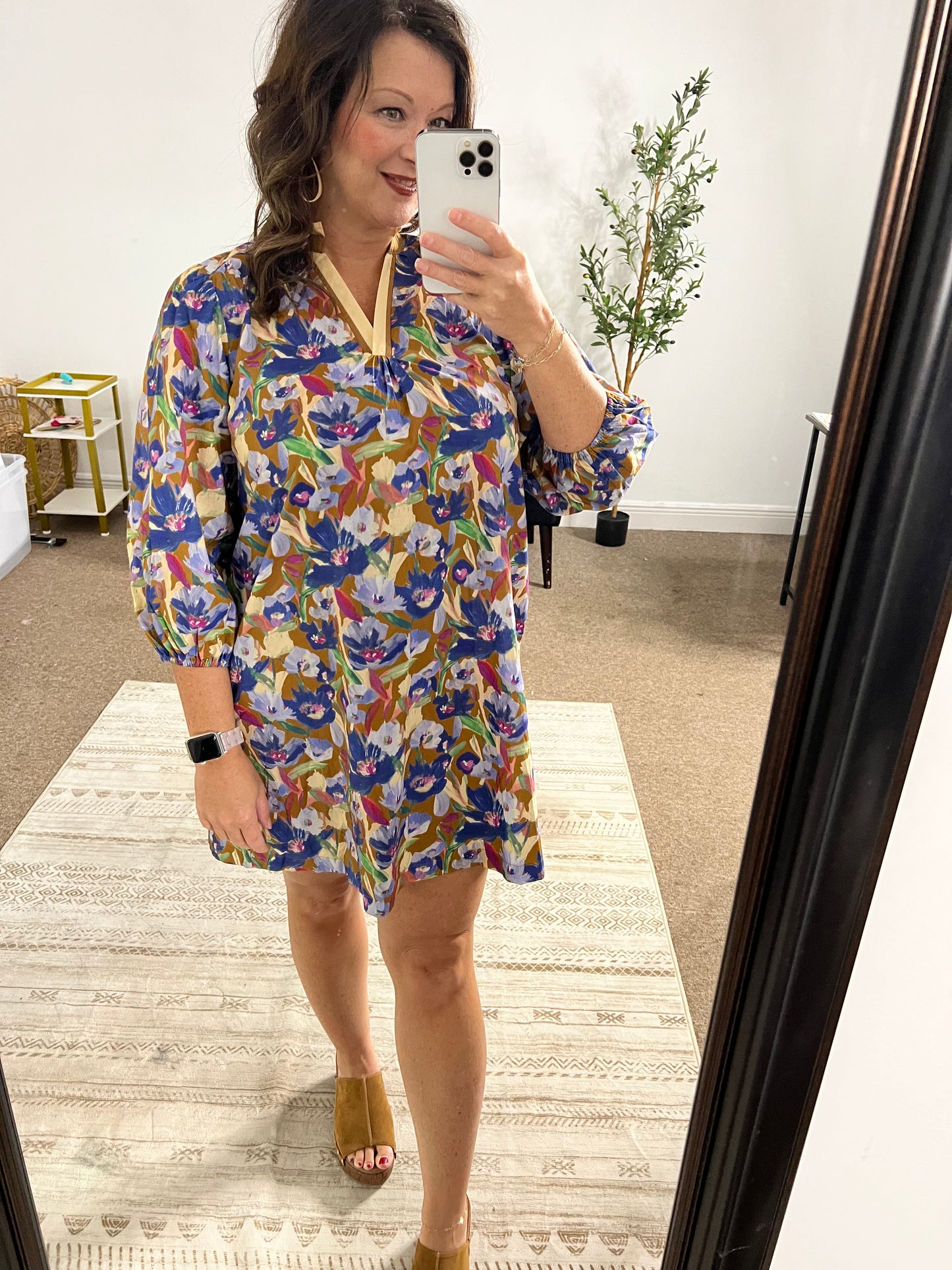 K1134-Boho Floral V-Neck Balloon Sleeve Dress