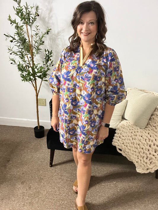 K1134-Boho Floral V-Neck Balloon Sleeve Dress