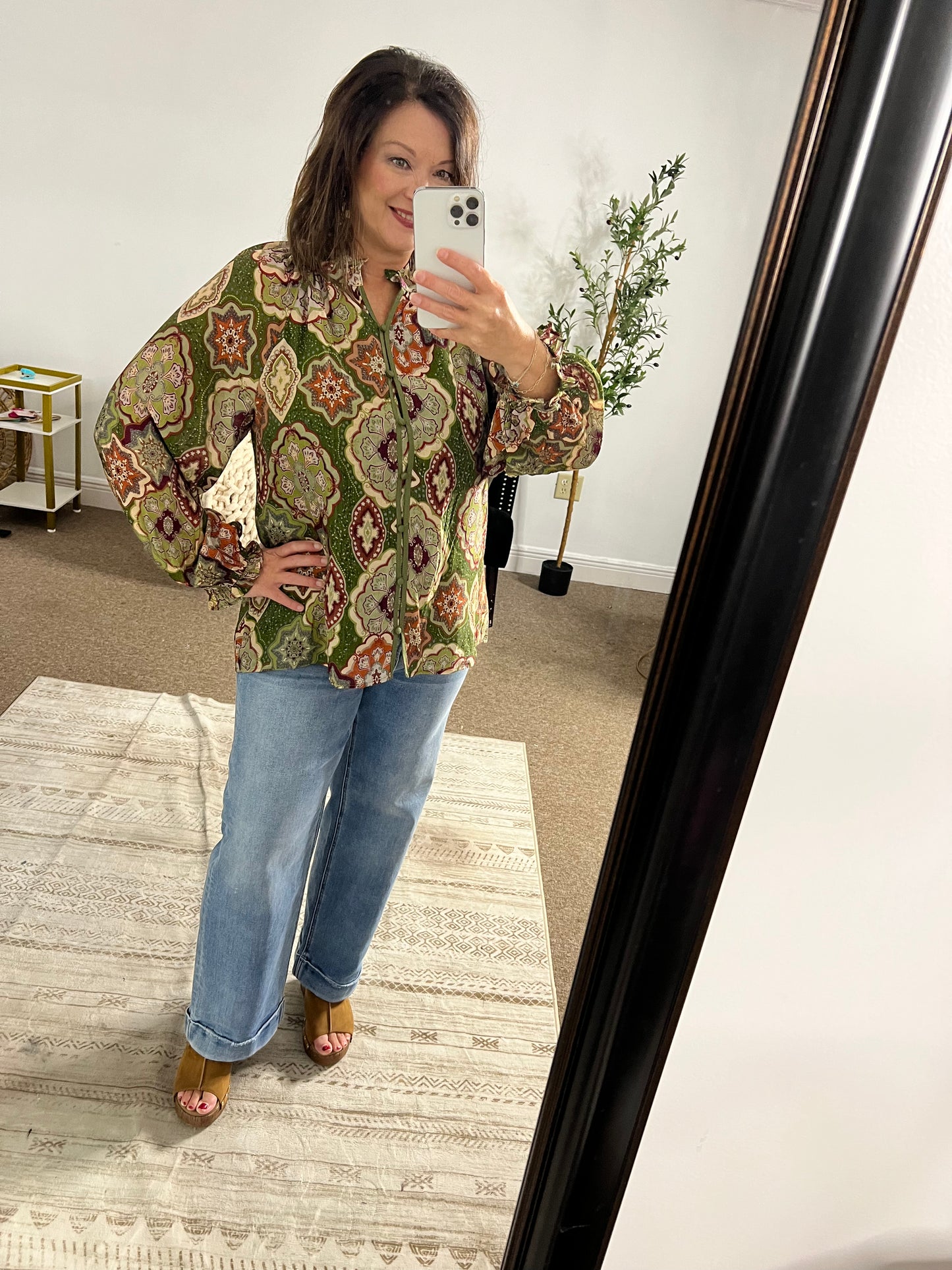 Boho Mosaic Print Button Down Blouse, Olive