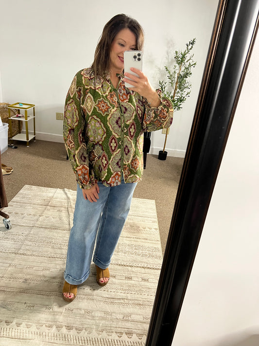 Boho Mosaic Print Button Down Blouse, Olive