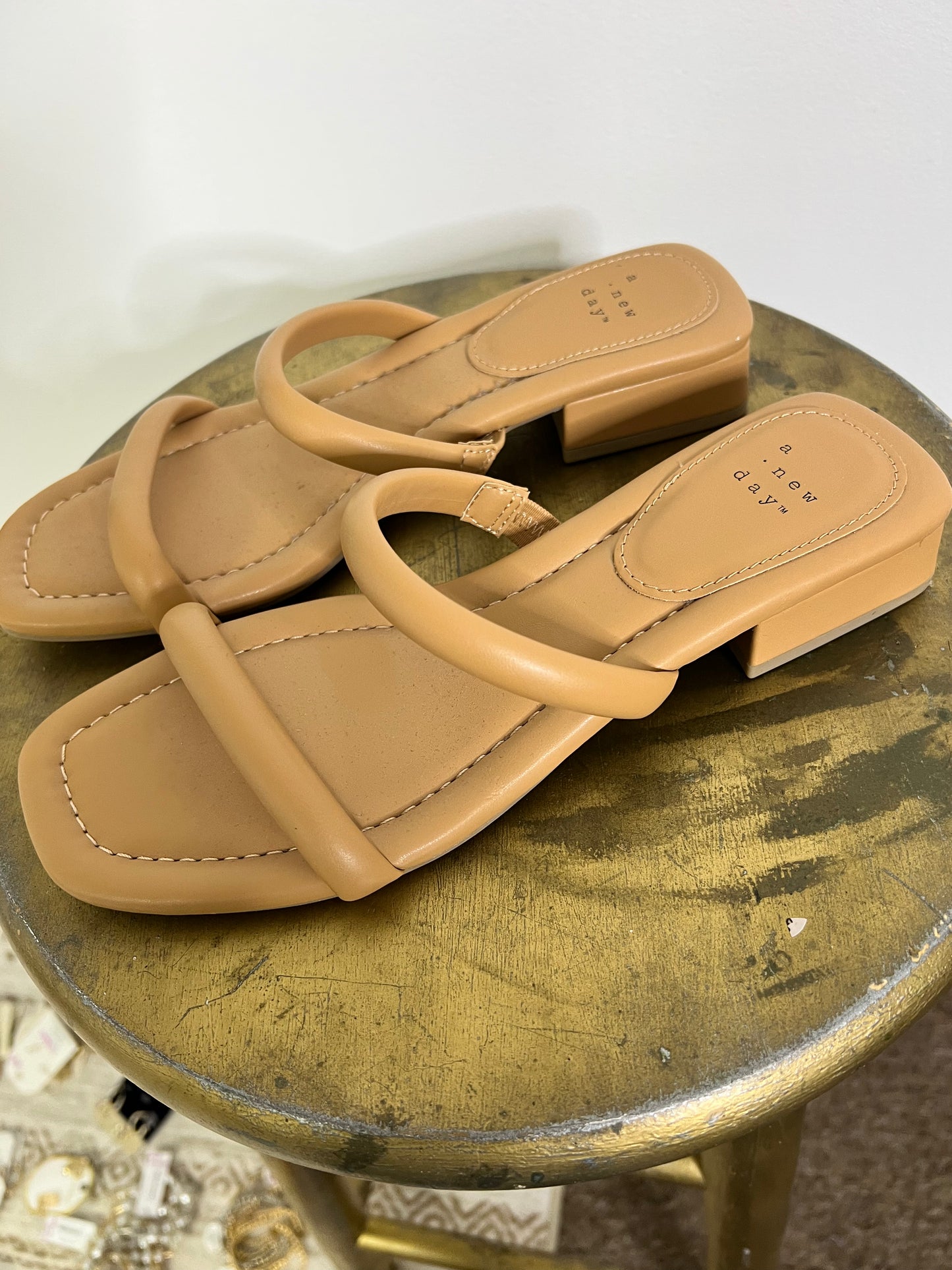 A New Day Tan Double Strap Heeled Sandals Size 7 1/2