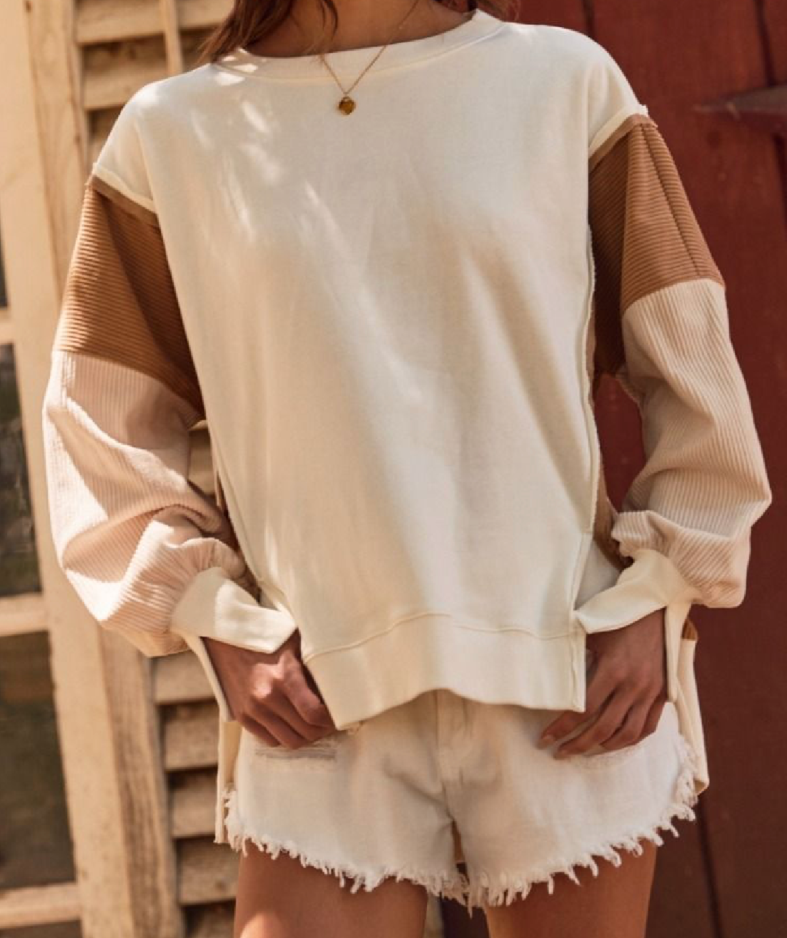 IT18372-Colorblock Oversized Pullover-Ivory